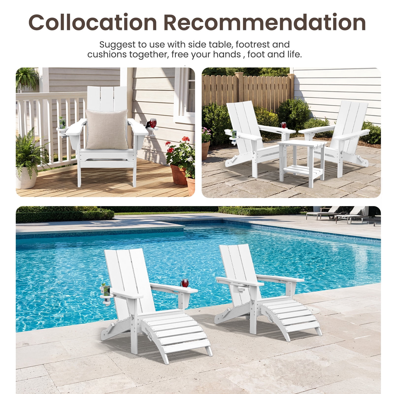 RIAFUN HDPE Foldable Adirondack Chair, Outdoor Patio Chair with 2 Cup Holders, Heavy Duty All-Weather Seating for Lawn,Porch,Deck,Backyard, White