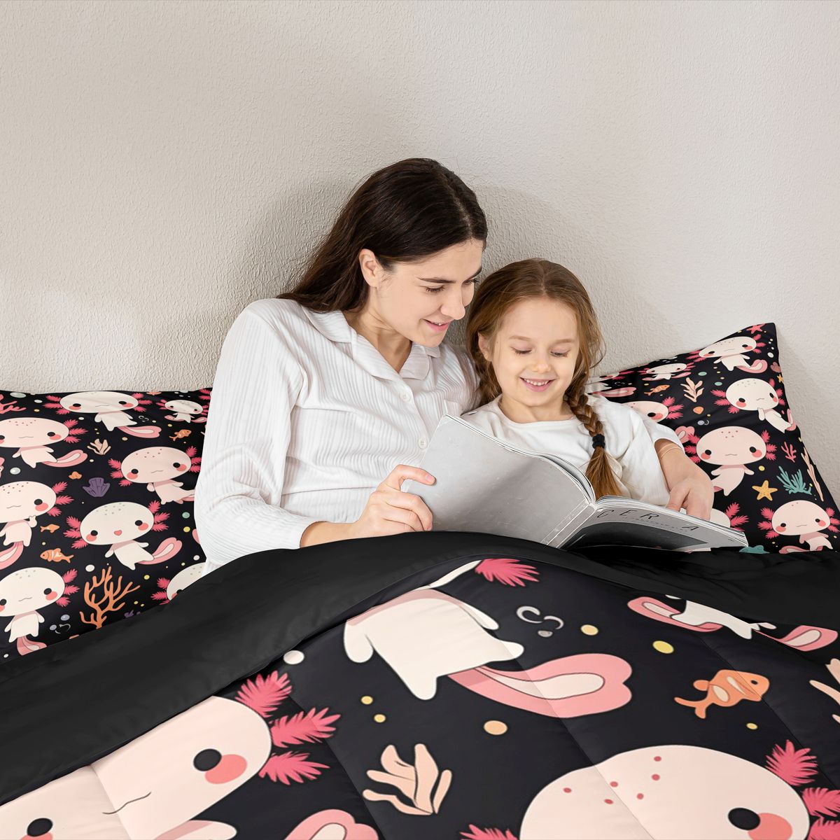 Homewish Kawaii Pink Axolotl 7 Pieces Bedding Comforter Set,Cartoon Ocean Animal Full Bedding Set,Watercolor Sealife Coral Fitted Sheet Flat Sheet For Teens,Super Cozy Room Decor Reversible