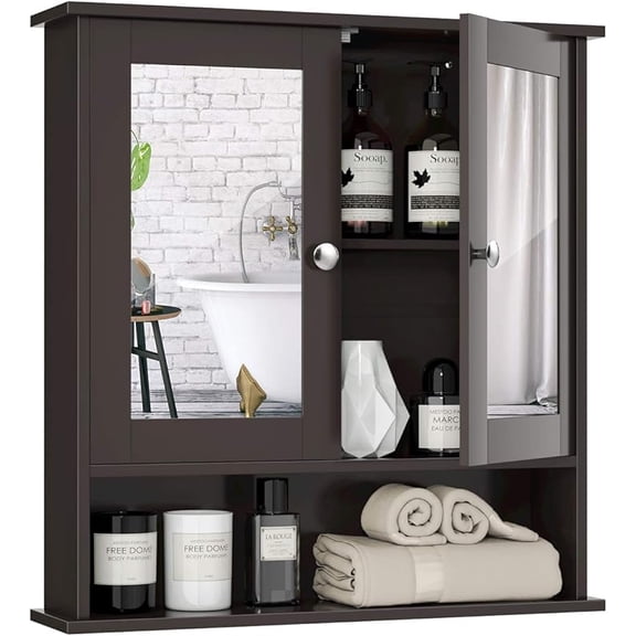 Bathroom Medicine Cabinet with Mirror, Wall Mounted Wooden Hanging Organizer with Doors and Shelves, Bathroom Wall Mirror Cabinet