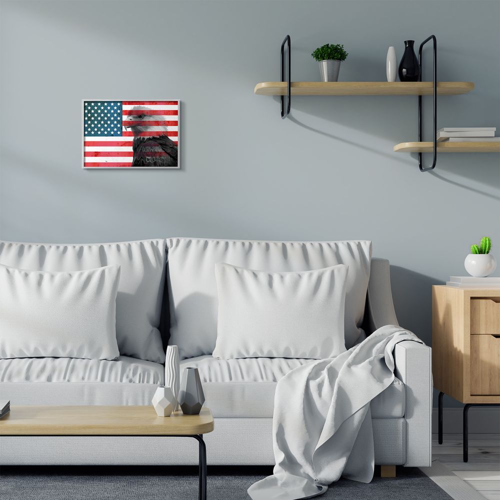 Stupell Industries American Flag USA Rustic Bald Eagle Design Gray Farmhouse Rustic Framed Giclee Texturized Art by Daniel Sproul