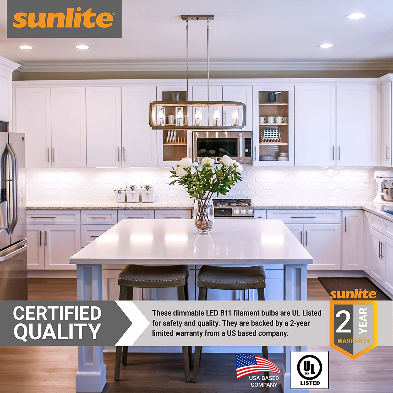 Sunlite LED Filament B11 Torpedo Chandelier Light Bulb, 5.5 Watts (60W Equivalent), Medium E26 Base, Dimmable, Clear, UL Listed, 90 CRI, 5000K Super White, 6-Pack