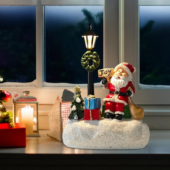 Christmas Santa Claus Figurine with Street Lamp and Presents Festive Holiday Tabletop Decoration Ornament for Home Office