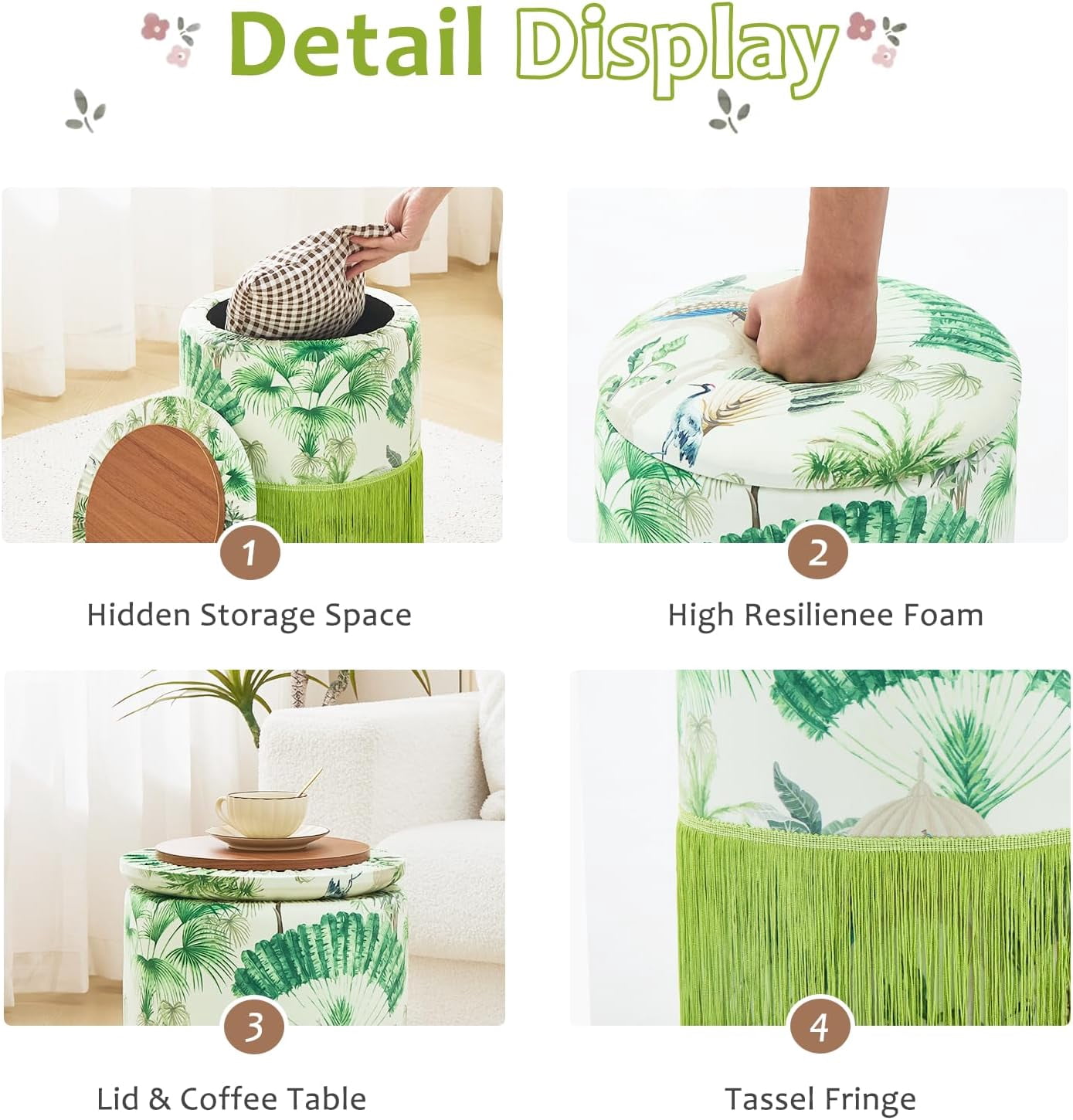 Casa Pura Furniture Round Storage Ottoman Velvet Fringe Upholstered Footrest Stool Green