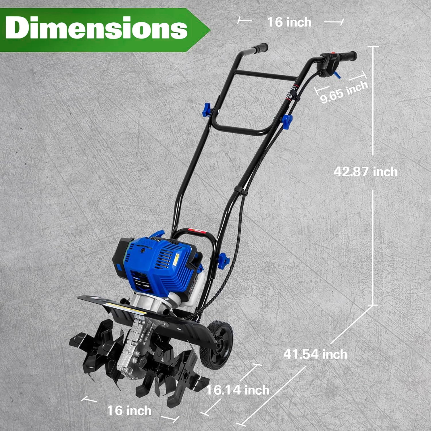 ANLIBATT 46cc 1.9HP 16-Inches Gas Tiller 8" Tilling Depth Easy Start Adjustable Wheels Foldable Heavy Duty Cultivator Rototiller for Garden Soil