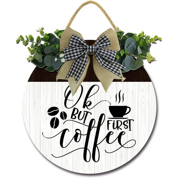 Eveokoki 12" Ok But Coffee First Coffee Bar decor sign Rustic Farmhouse Wooden Round Retro Coffee Bar Decor Coffee Lover Coffee Station Decor Home Office Kitchen Wall Decor