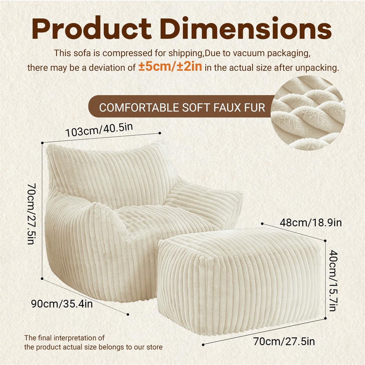 Hommoo Modern Suede Sofa Chair with Ottoman, 5-Zone Ergonomic Support Chair, White