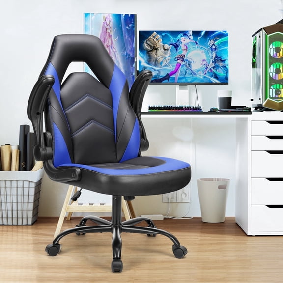 Nextay Gaming Chair, Ergonomic Office Leather Racing Chair with Flip-up Armrest, Black Blue