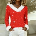 thumbnail image 2 of Women's Christmas Tops Long Sleeve V Neck Pullover with Faux Fur Trim and Star Print Casual Loose Fit Christmas Clothes Red M, 2 of 4