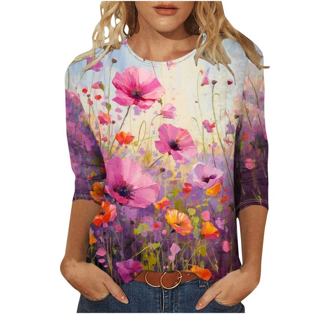 Wanfds Hauts de Mode Multicolores pour Femmes Tendance 2025 Col Rond Manches Trois-Quarts TTG