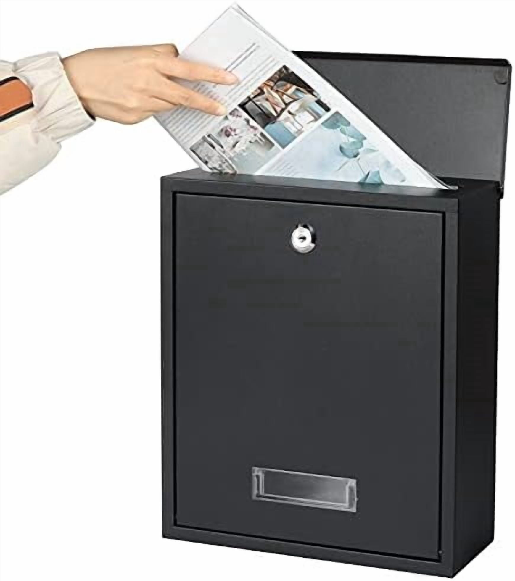 Locking Mailbox Wall Mount Key Lock Drop Box Large Capacity with Galvanized Steel Cover and Rust-Proof Metal Post Box, Black Matt, SM-0702LK,Medium