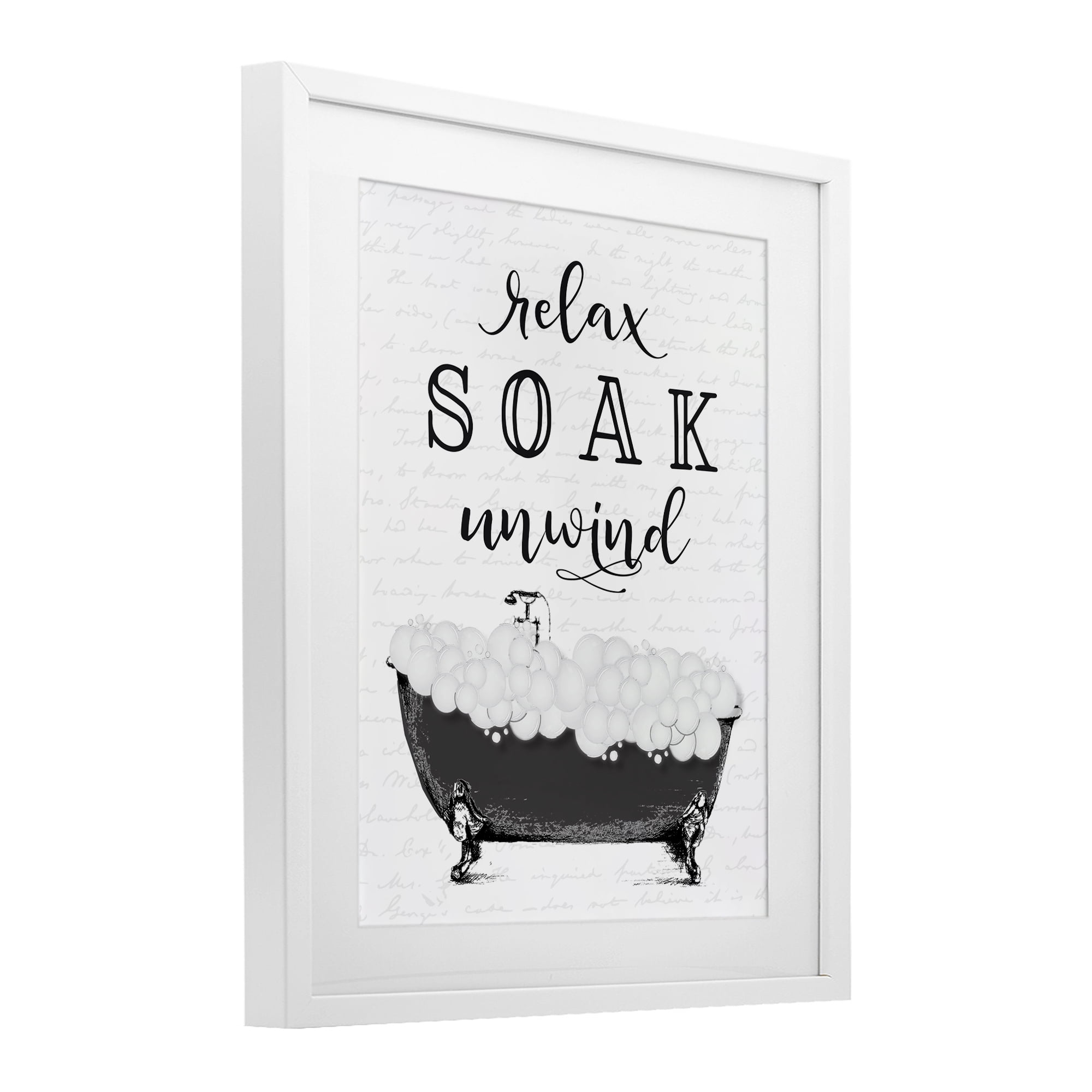 Soak Unwind Bubble Bath White Framed Print Under Glass, design by Lettered and Lined