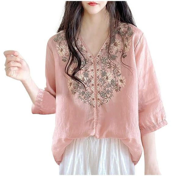 Ruimatai Women's Casual 3/4 Sleeve Tops Round Neck Loose Fit Embroidered Blouse Soft Imitation Linen Comfortable Fashion Top