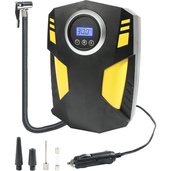 YAKEFLY Tire Inflator Portable Air Compressor, 12V DC Car Tire Pump, Digital Pressure Gauge, 150 PSI Auto Shut-Off, with Emergency LED Flasher