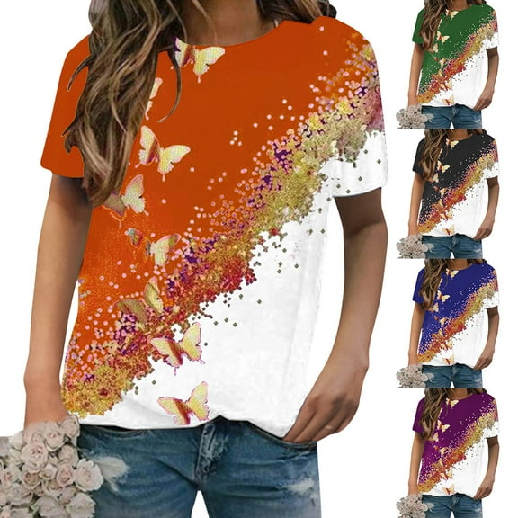 Fesfesfes Tops for Women Casual Elegant Wome Fashion ButterflyPrinted Short Sleeve Round-Neck Top Blouses V Neck Tops for Women 12(XXL)