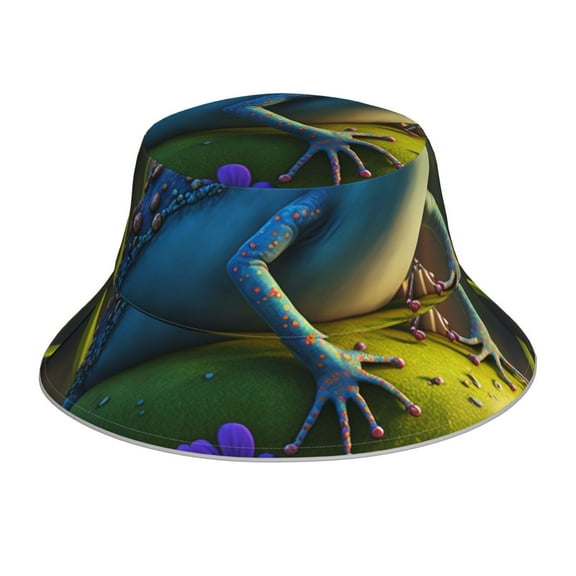 Yiaed Cute Blue Frog Print Reflective Stripe Bucket Hat Unisex Funny Outdoor Fisherman Cap Beach Sun Hat