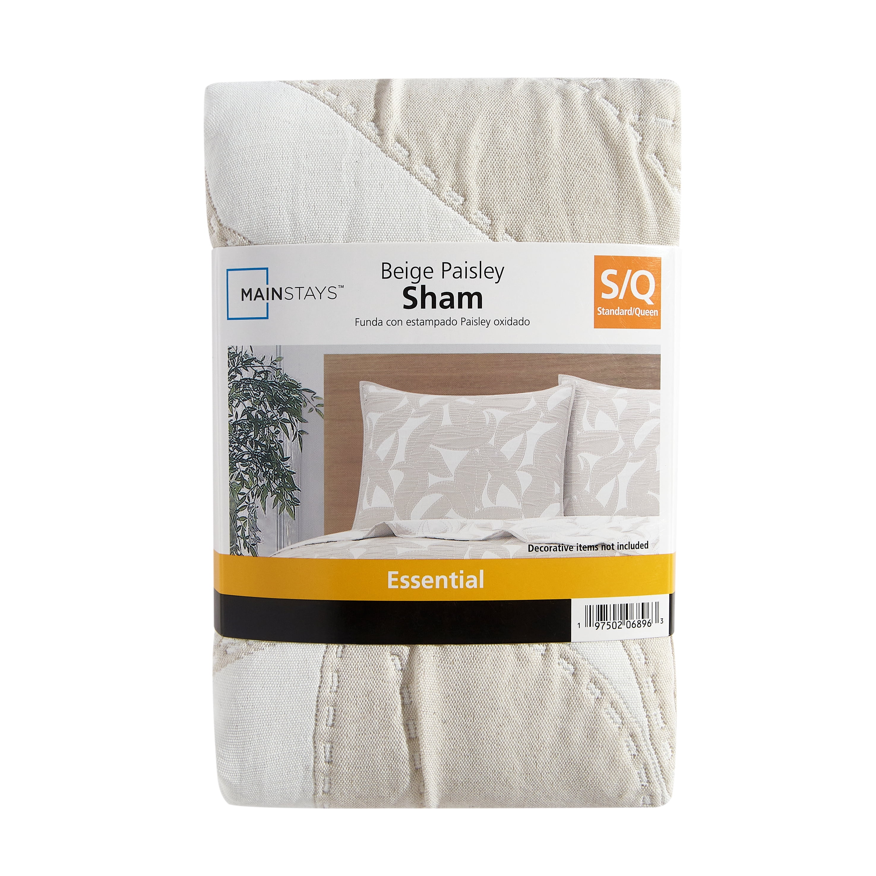 Mainstays Iris Leaf Stitched Pillow Sham, Standard, Beige, 1 Pack