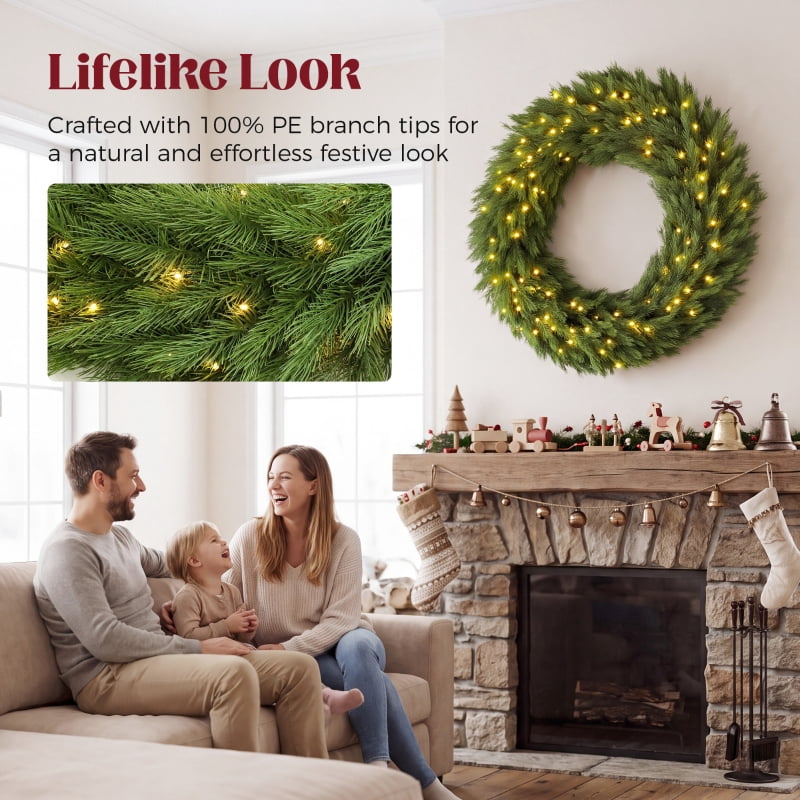 Alvantor Christmas Wreath Pre-Lit Norwegian Spruce with 150 LED Lights for Door 48"x48"x7" Green