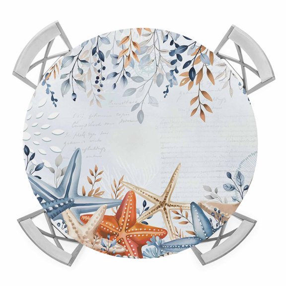 Elastic Fitted Round Tablecloth, Blue Coastal Waterproof Stretch Table Cover for 36"-44" Tables, Summer Beach Starfish Weeping Eucalyptus Ombre Washable Outdoor Tablecloths for Patio, Picnic, Camping