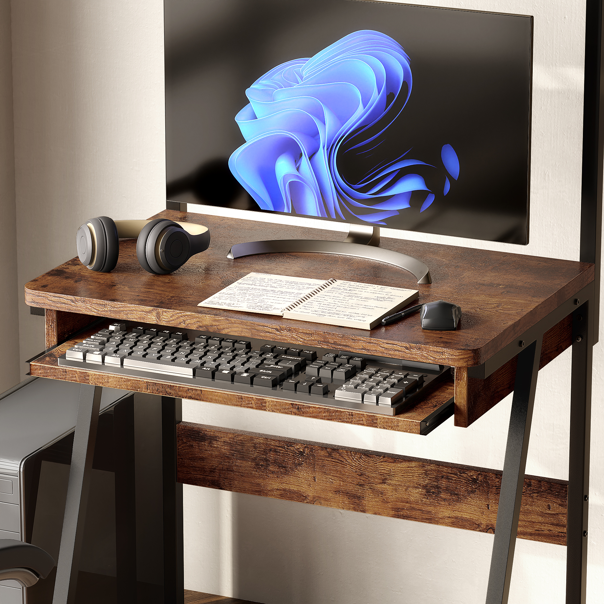 MIN EN WIN 2 Tiers Small Computer Desk for Small Space, Compact Laptop Table Workstation with Keyboard Tray, Study PC Table for Home Office, Brown