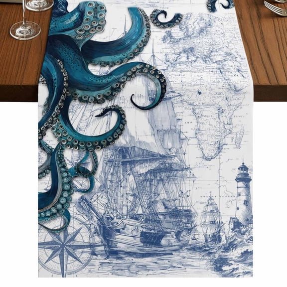 Table Runners 72 Inches Long Dress Scarves, Nautical Blue Octopus Farmhouse Kitchen/Dining Table Runner, Coffee Tablerunners, Coastal Ocean Summer Boat 18x72 Inch