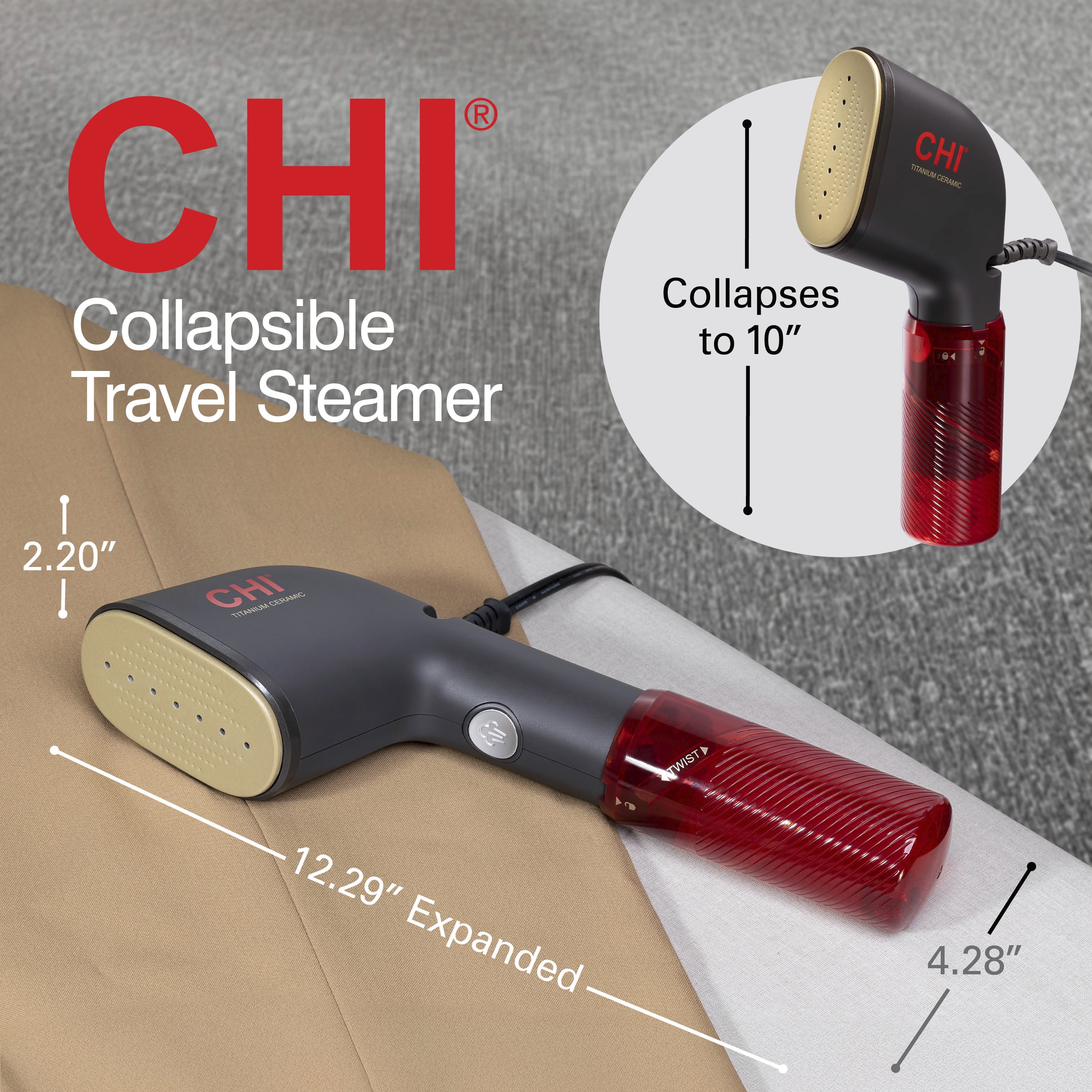 CHI Collapsible Travel Steamer, Powerful 20 Gram-Per-Minute Steam Output, Nonstick Heated Faceplate, 11611