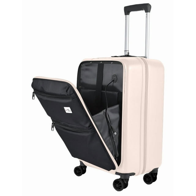 RED VELVET Maleta Carry On de Cabina Rígida de Viaje, con Puerto USB, Candado de Seguridad TSA Integrado y Ruedas Dobles 360°. Equipada con Acceso Frontal para Laptop y Tablet. (BEIGE)