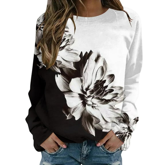 VNKIDY Women's Sweatshirt Autumn Spring Oversized Rose Prints Pullover Long Sleeve Crewneck Loose Fit Sweatshirts For Cold Weather Cute Tops