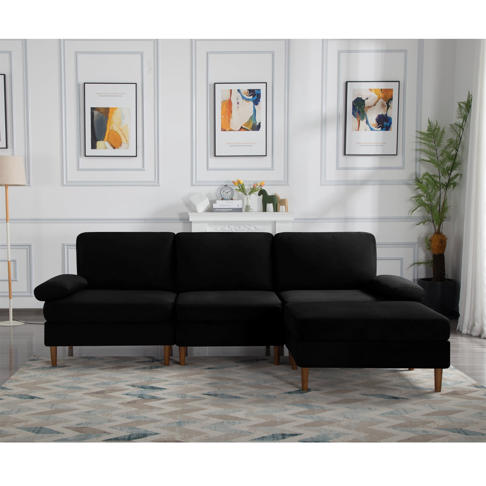 Aukfa 100" Velvet Sectional Sofa Modular Couch with Chaise for Living Room, Black