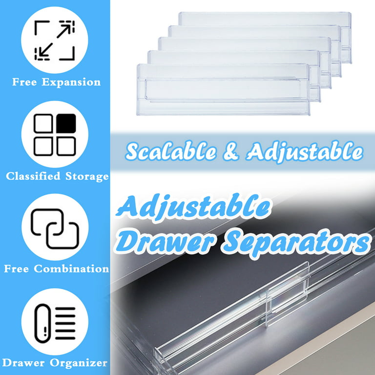 5 Pack Clear Drawer Dividers for Clothes,Expandable 11-19'' Drawer  Organizer Transparent Dividers,Clear Plastic Clothes Organizer Adjustable  Drawers