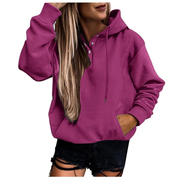 Aocisk Women's Casual Solid Color Hooded Sweatshirt with Strap Long Sleeve Loose Pullover Top for Comfortable and Streetwear Style Purple S