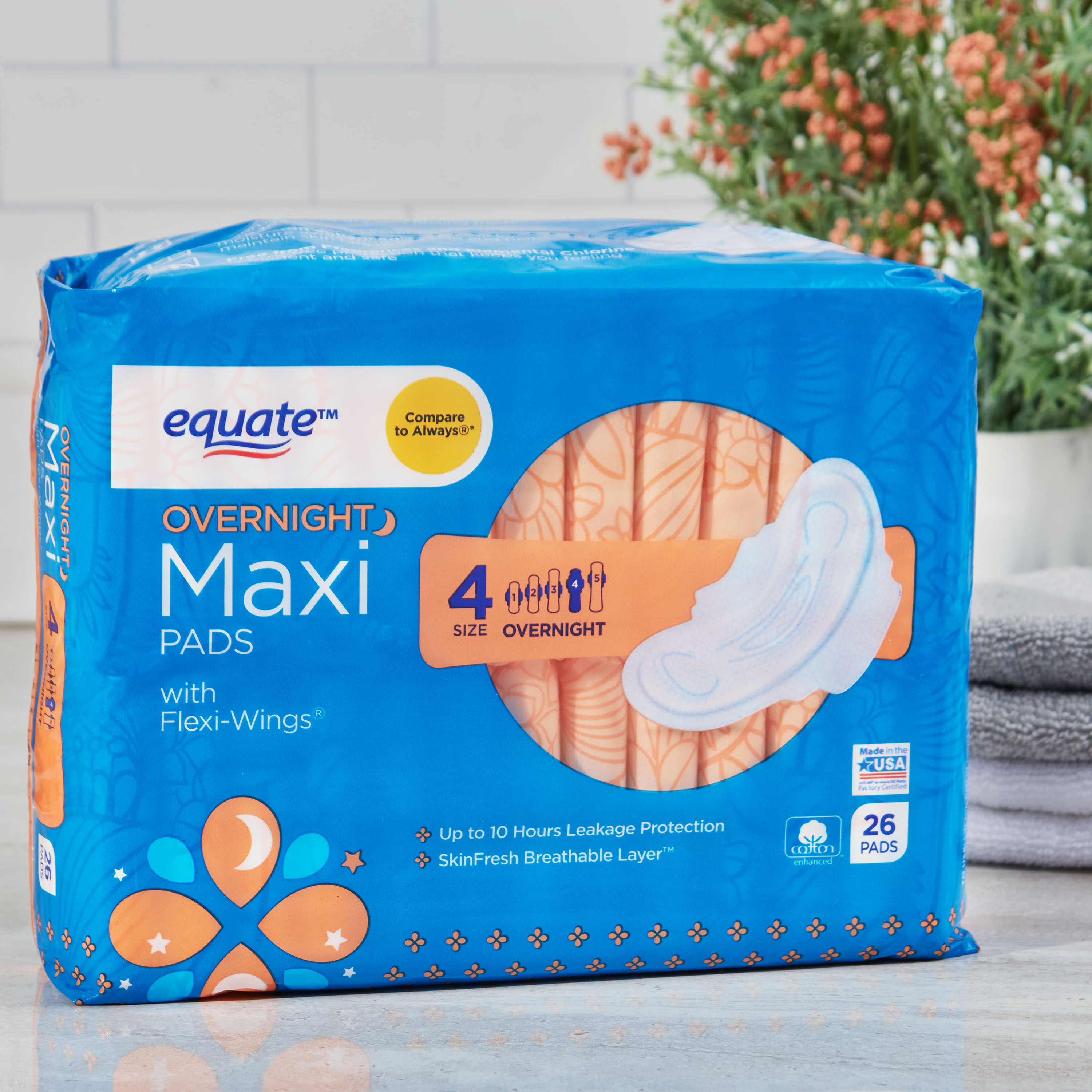 Equate Maxi Pads with Wings, Unscented, Overnight, Size 4 (26 Count) - image 2 of 2