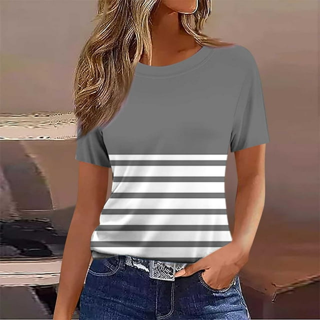 Yourumao Hauts à Rayures pour Femmes Coupe Ample T-Shirts à Manches Courtes Chic Décontracté Blouses à Col Rond Basique Haut de Sortie T-Shirt d'Été Tendance