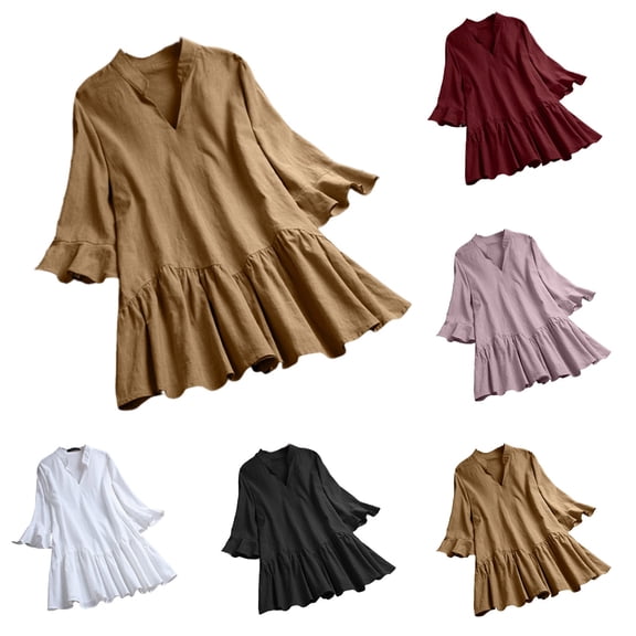 YHAJDS Womens Oversized Summer T Shirts Plus Size V Neck Loose Top Linen Like Solid Color