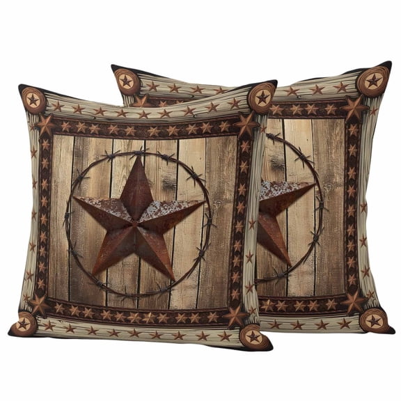 2 Pack Outdoor Waterproof Throw Pillow Covers,Western Star Farm Brown Wood Grain Decorative Square Patio Pillowcases for Chair Couch Sofa 16x16in