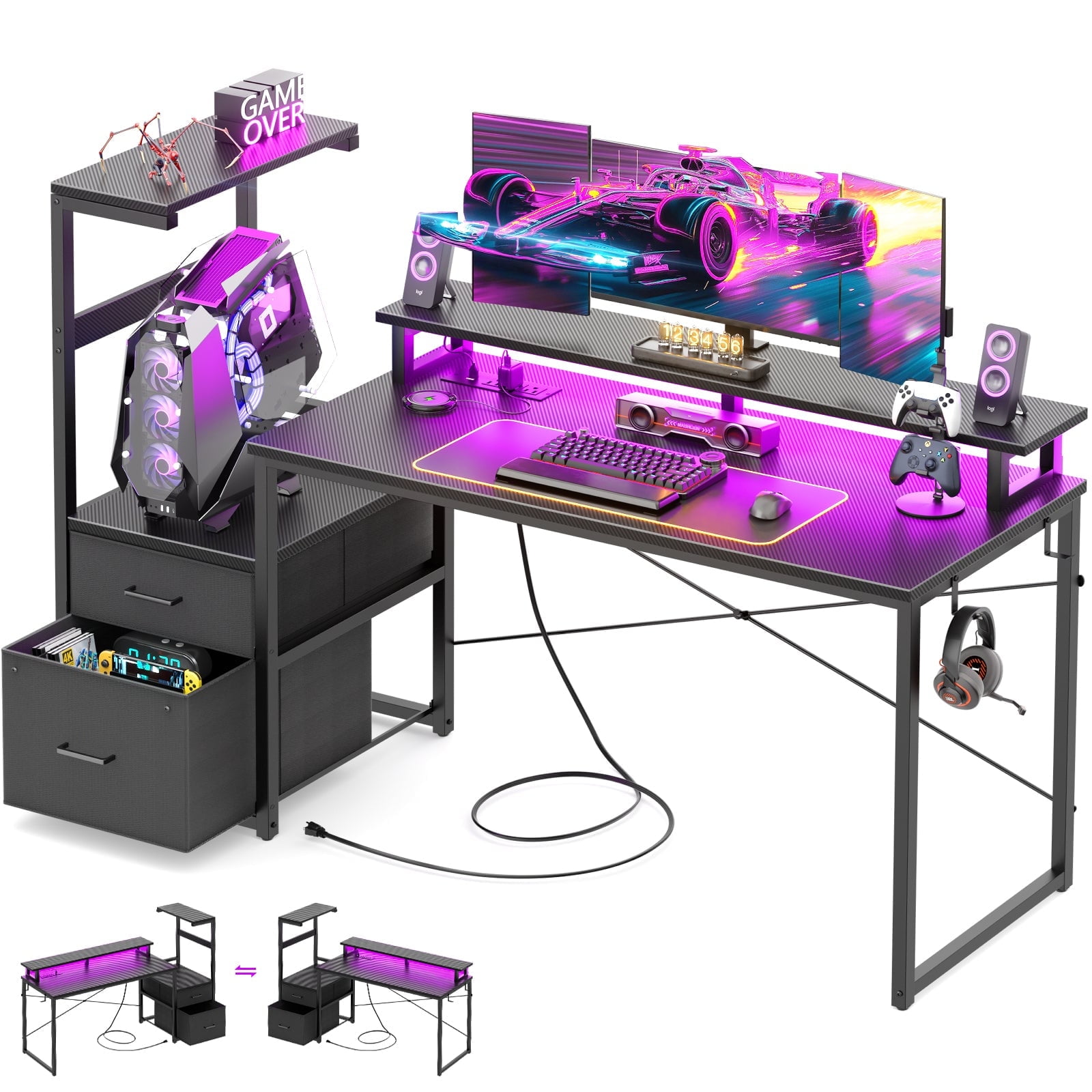 Homieasy Gaming Desk with LED Light Strip and Power Outlet, 59 Inch Reversible Computer Gaming Desk with Monitor Stand & Drawers, Black