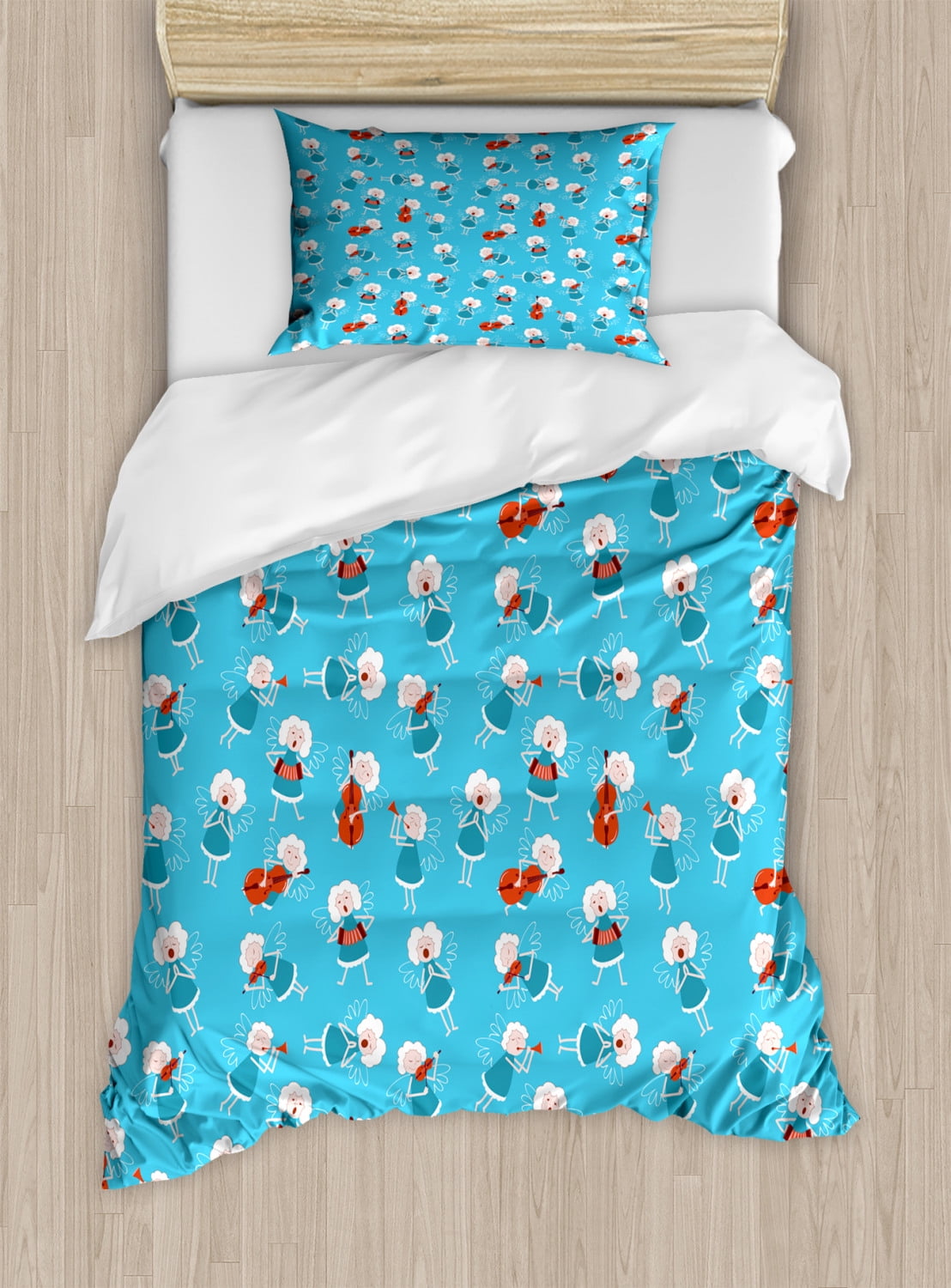 Angel Twin Size Duvet Cover Set, Music Angels Playing Violin Flute