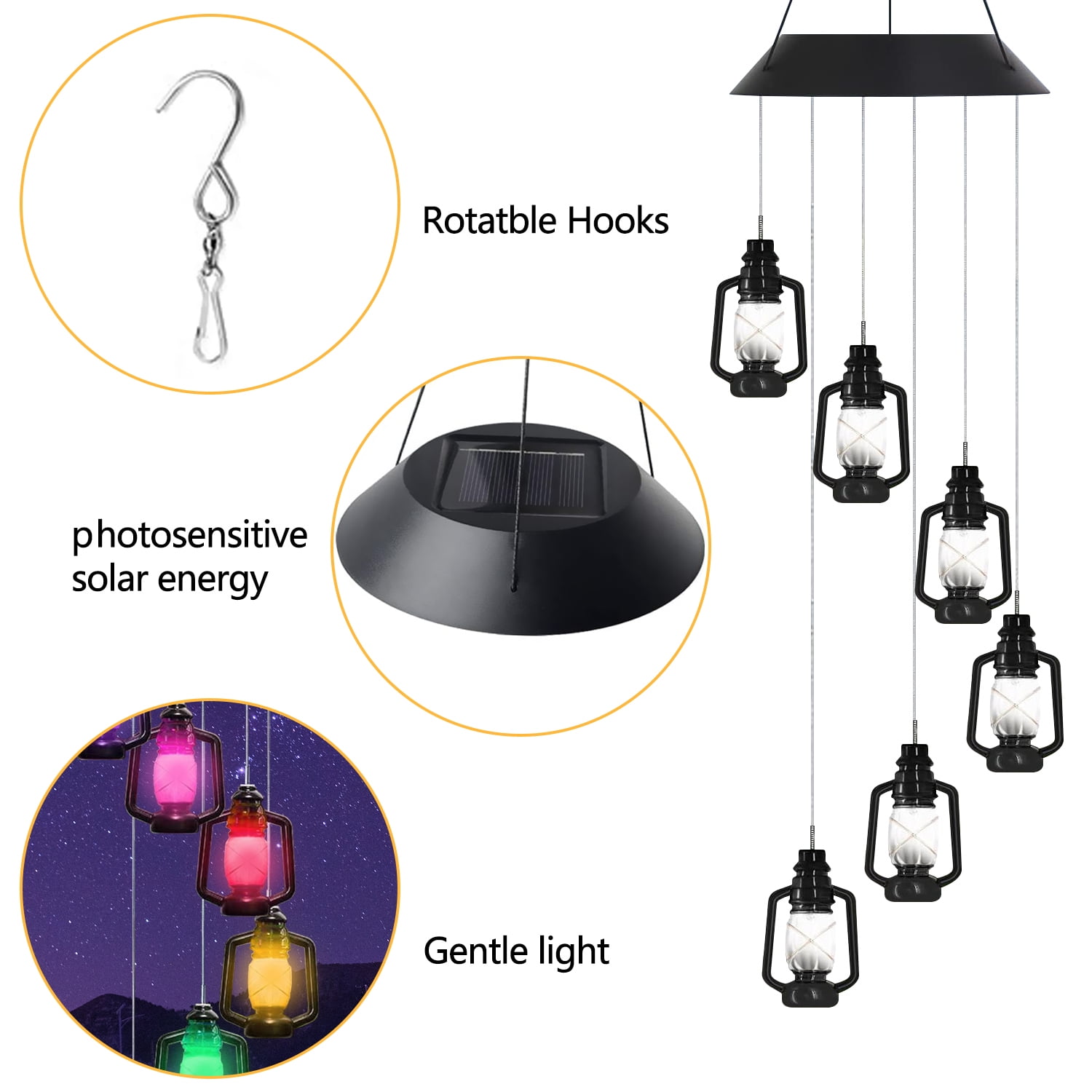 Rirool LED Solar Powered Lanterns Wind Chime - Color Changing, Waterproof, Six Chimes Spiral Spinner Windchime - Portable Outdoor/Indoor Patio Deck Yard Garden Home Deco