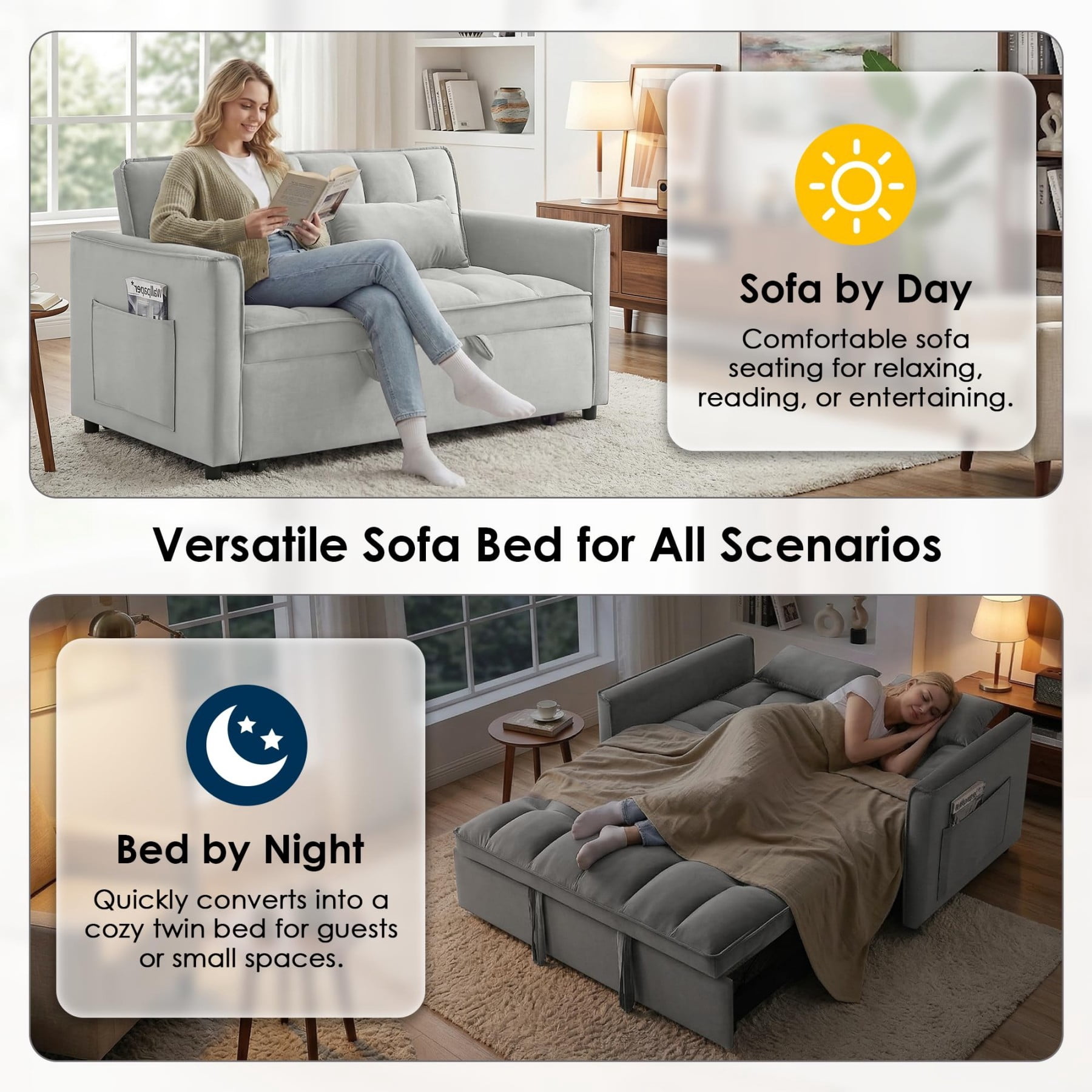 54" 3 in 1 Convertible Velvet Sofa Bed, 3 Position Foldable Sleeper Couch with Adjustable Backrest & Pillows, Light Gray