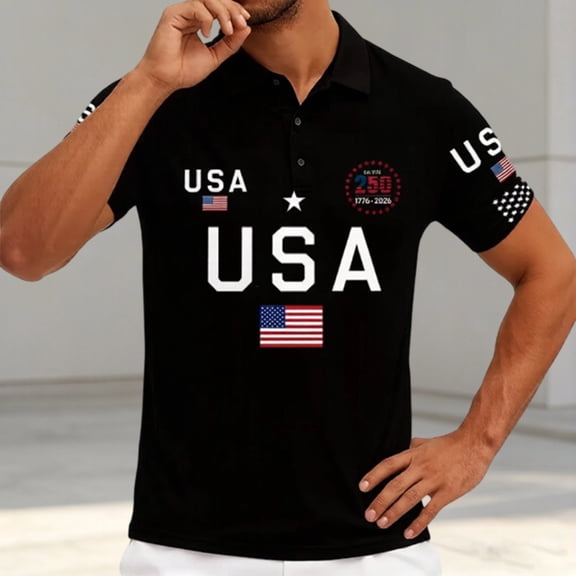 Conairie Men 4th of July Polo Shirts Short Sleeve Button Stand Collar Patriotic Golf Shirt American Falg Print Work Tee Pullover Outfits Black L