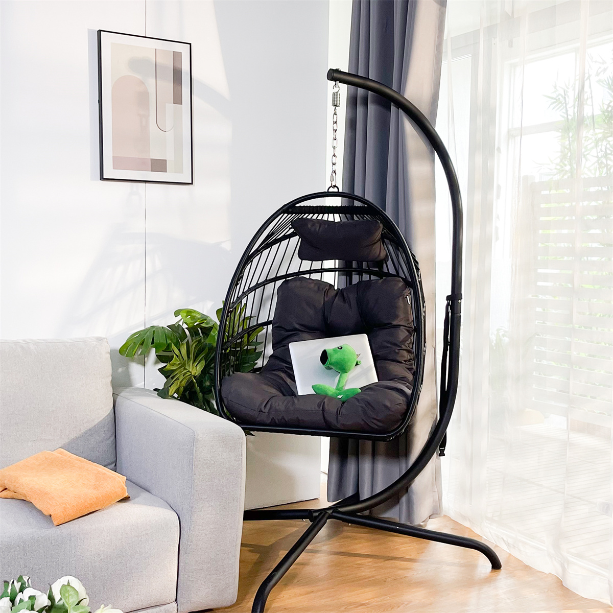 ARCTICSCORPION Black Swing Egg Chair with Stand, Indoor Outdoor Wicker Rattan Patio Basket Hanging Chair with C Type Bracket, Hammock Chair with Cushion and Pillow, Wicker Folding Hanging Chair - image 3 of 7