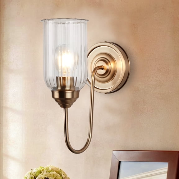 Modern Antique Brass Fluted Glass Vanity Light, Indoor/Outdoor Wall Sconce, Wall Mounted Light beside Mirror, for Entryway, Hallway, Living Room