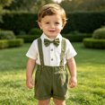 thumbnail image 4 of YWIYIUD Gentleman Outfit Baby Boy Clothes Sets Solid Color Formal Dress Shirt Button Down Short Sleeve Bodysuit with Bowtie Suspender Shorts Sets Boys Holiday Birthday Wedding Outfits 3-6 Months, 4 of 8