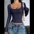 thumbnail image 4 of Camisas de Larga para Mujer, Tops Cortos, Cuello Cuadrado, Camisetas Básicas para Salir, Ropa de Invierno Y2K 2025 Azul Marino M, 4 of 7