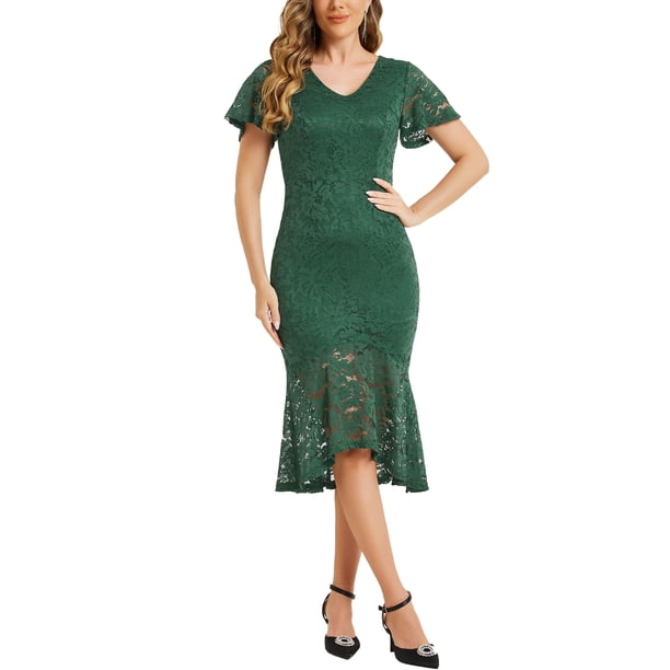 INSPIRE CHIC Vestidos Elegantes de Encaje Floral para Mujeres con Escote en V, Mangas Cortas con Volantes, Vestido de Cóctel Sirena Bodycon Verde Oscuro M