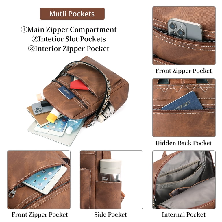 GOIACII Travel Backpack Purse, Vegan Leather Brown photo 7