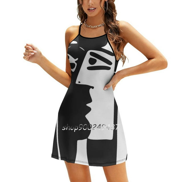 Robe à Encolure Carrée Visages Noir et Blanc Vectoriel Robes Imprimées Mignonnes Élégantes pour Fête à la Plage Graphiques Vectoriels