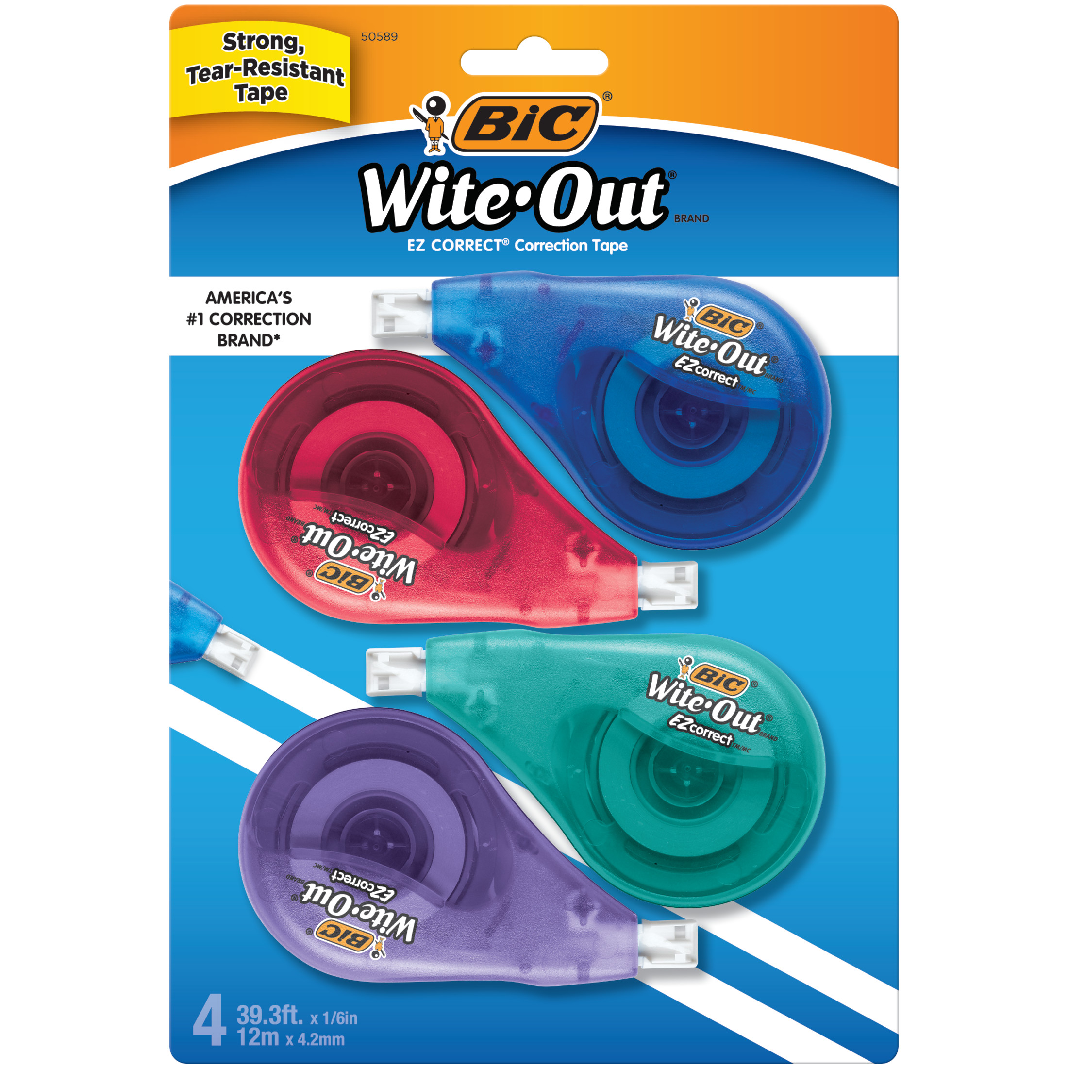 BIC Wite-Out EZ Correct Correction Tape, 39.3' Tape, School Supplies, White, 4-Count