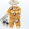 thumbnail image 2 of CUZIBR Girls Outfits Cartoon Print Lapel Collar Short Sleeve Animals Satin Button Down Shirt Tops + Long Pants Silk Pajamas Sleepwear Set For Toddler Kids Baby Clothes Sets,Yellow,3-4 Years, 2 of 3