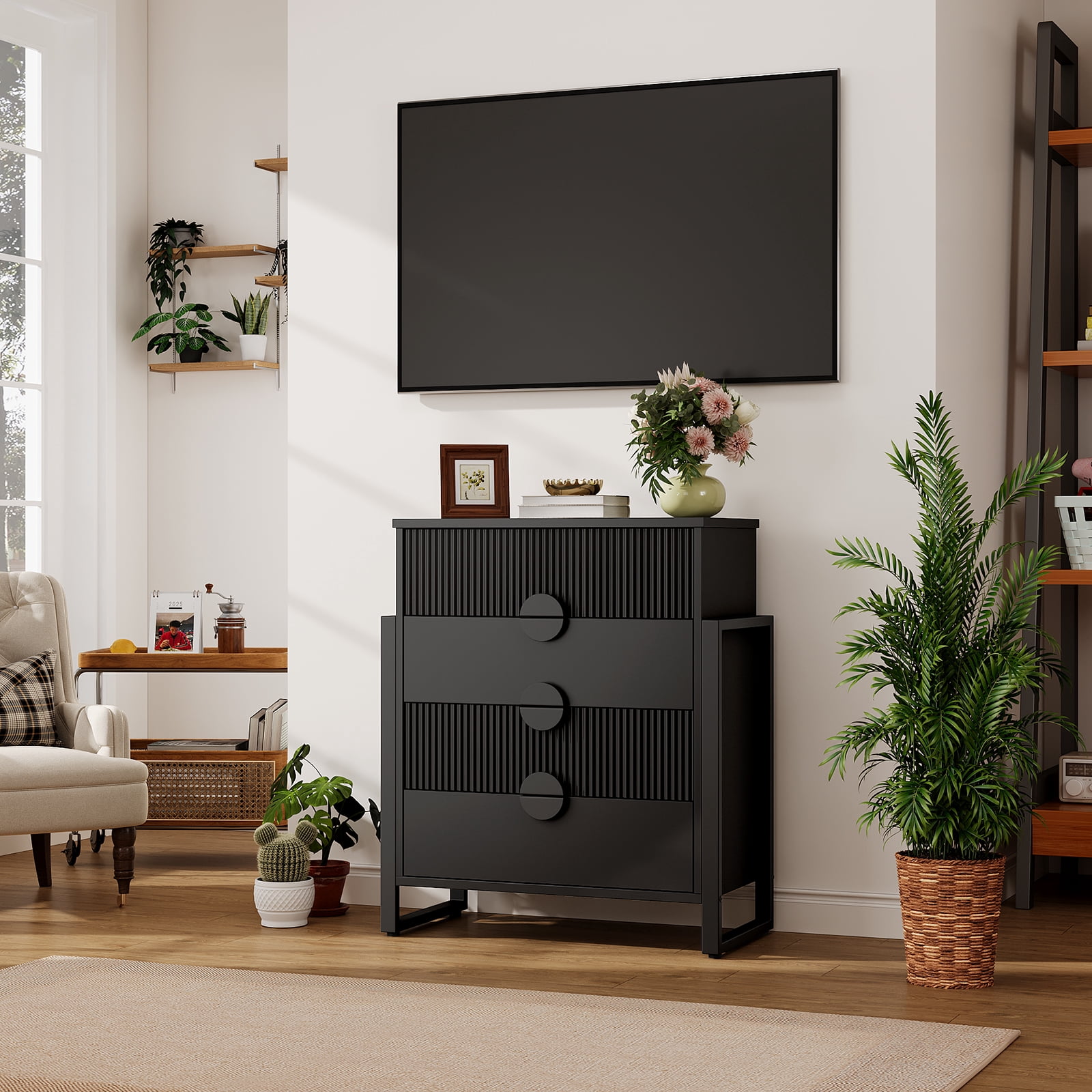 Holliwill 4 Drawer Dresser for Bedroom, Tall Fluted Dresser Chest of Drawers for Living Room, Hallway, Black