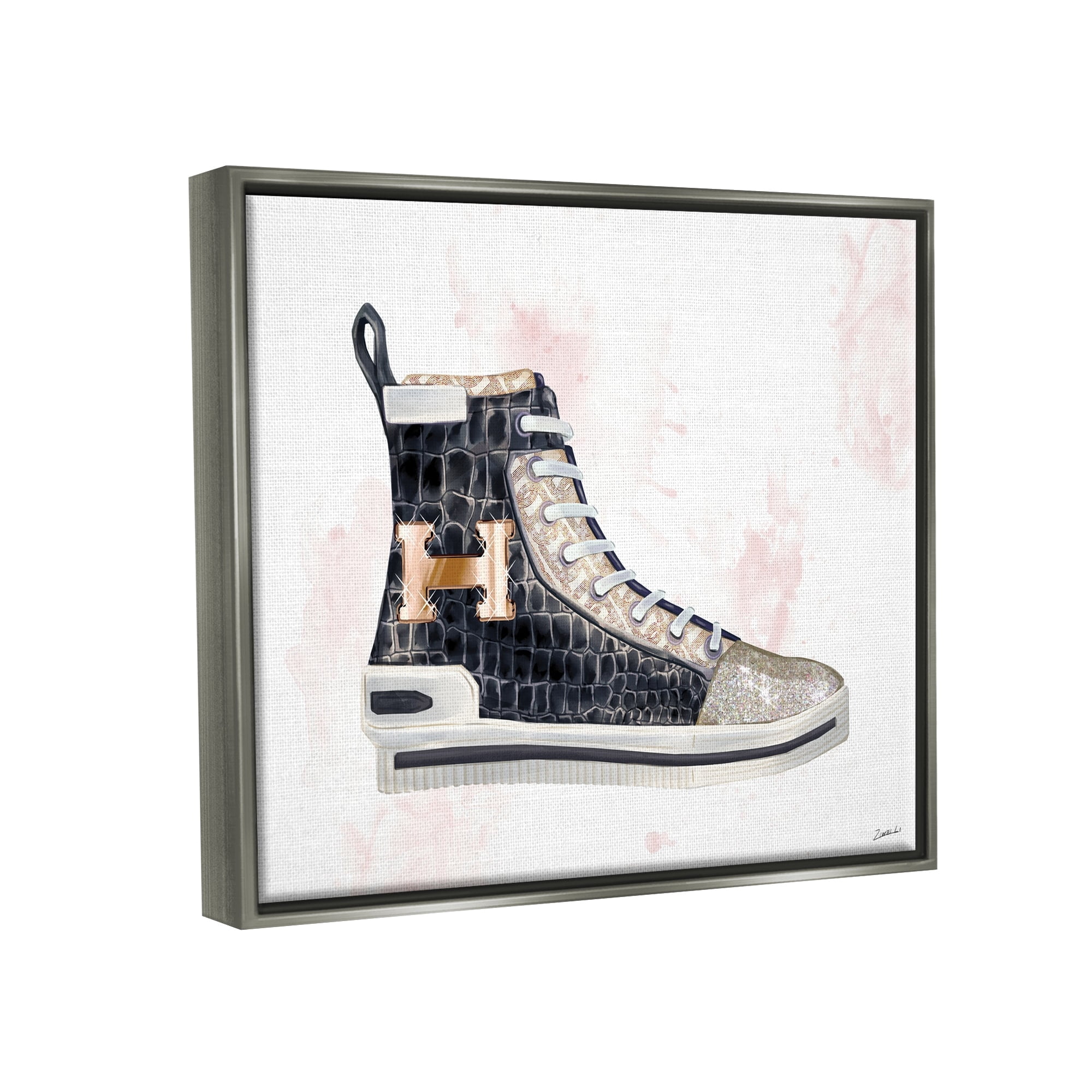 Stupell Industries Glam Snake Embossed Sneaker Illustration Fashion Forward Luster Gray Framed Floating Canvas Wall Art, 24x30, by Ziwei Li